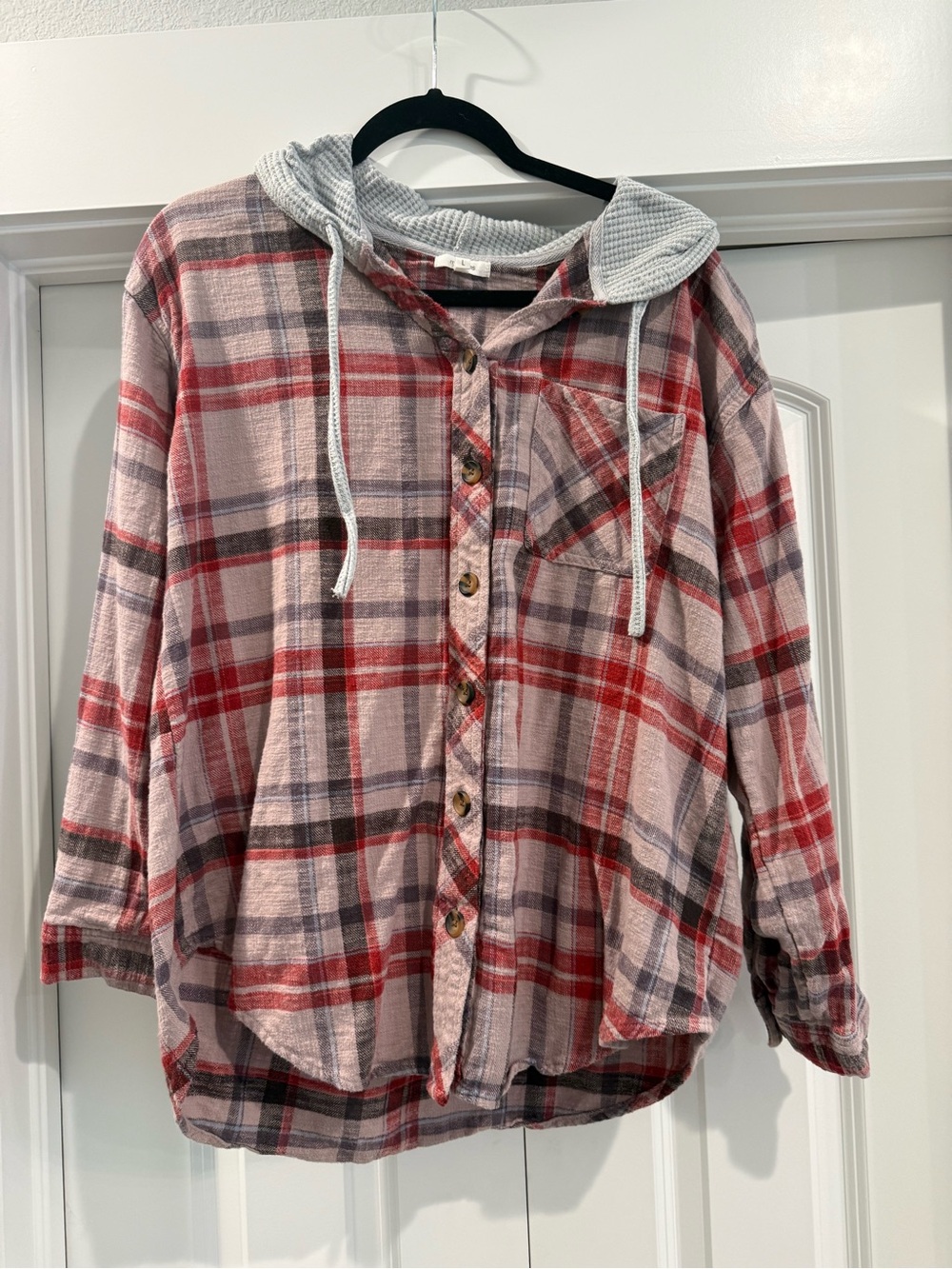Maurices Pink and Red Plaid Hooded Button-Down Shirt